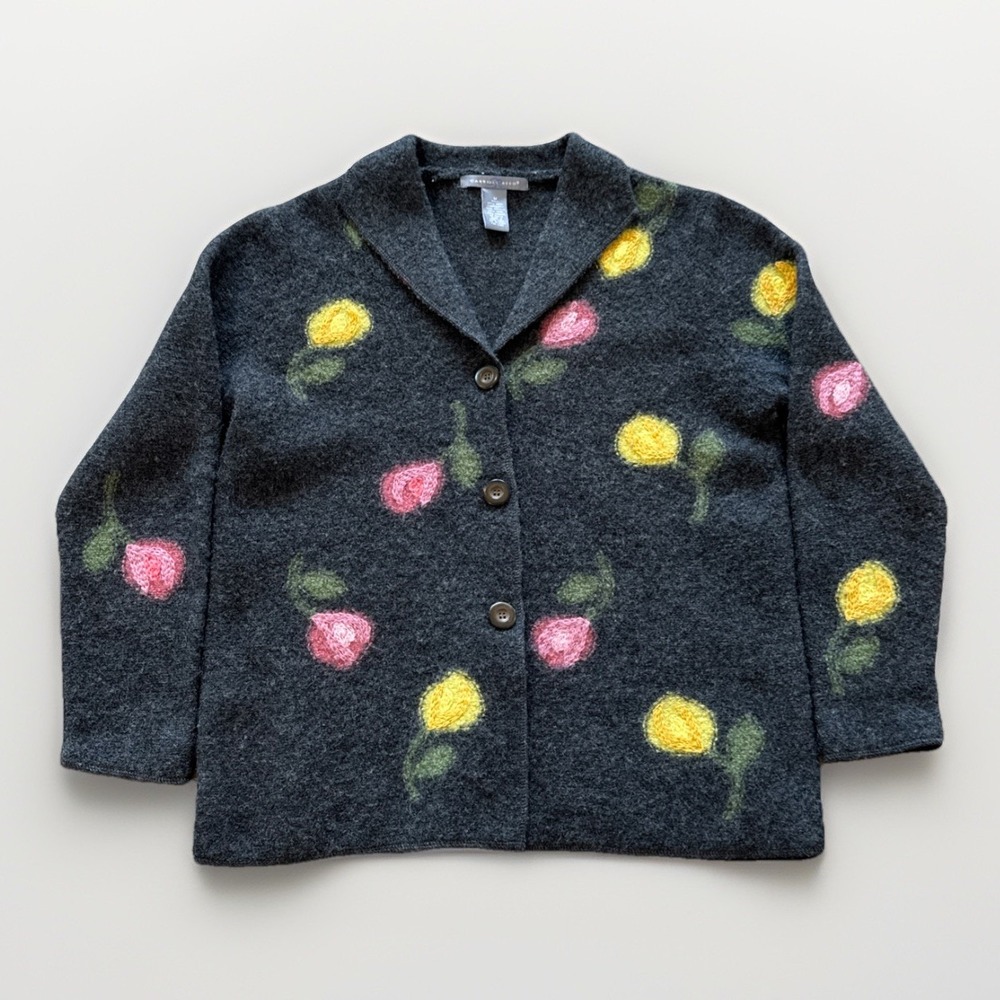Carroll Reed Cardigan Sweater Womens M Gray Wool Floral Vintage‎